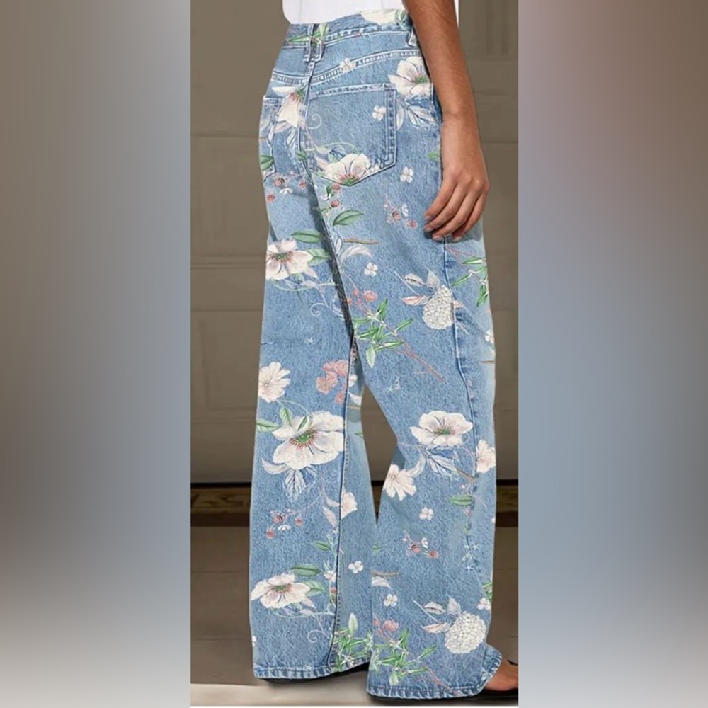 Flamingals Floral Pattern Wash Straight Leg High Waist Jeans - Picture 3 of 10